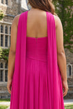 Plus Size Fuchsia Strapless Pleated Neck Scarf A Line Long Prom Dress