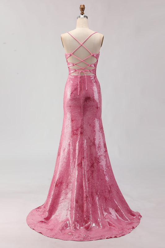Sparkly Pink Sequins Mermaid Spaghetti Straps Long Prom Dress