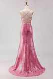 Sparkly Pink Sequins Mermaid Spaghetti Straps Long Prom Dress