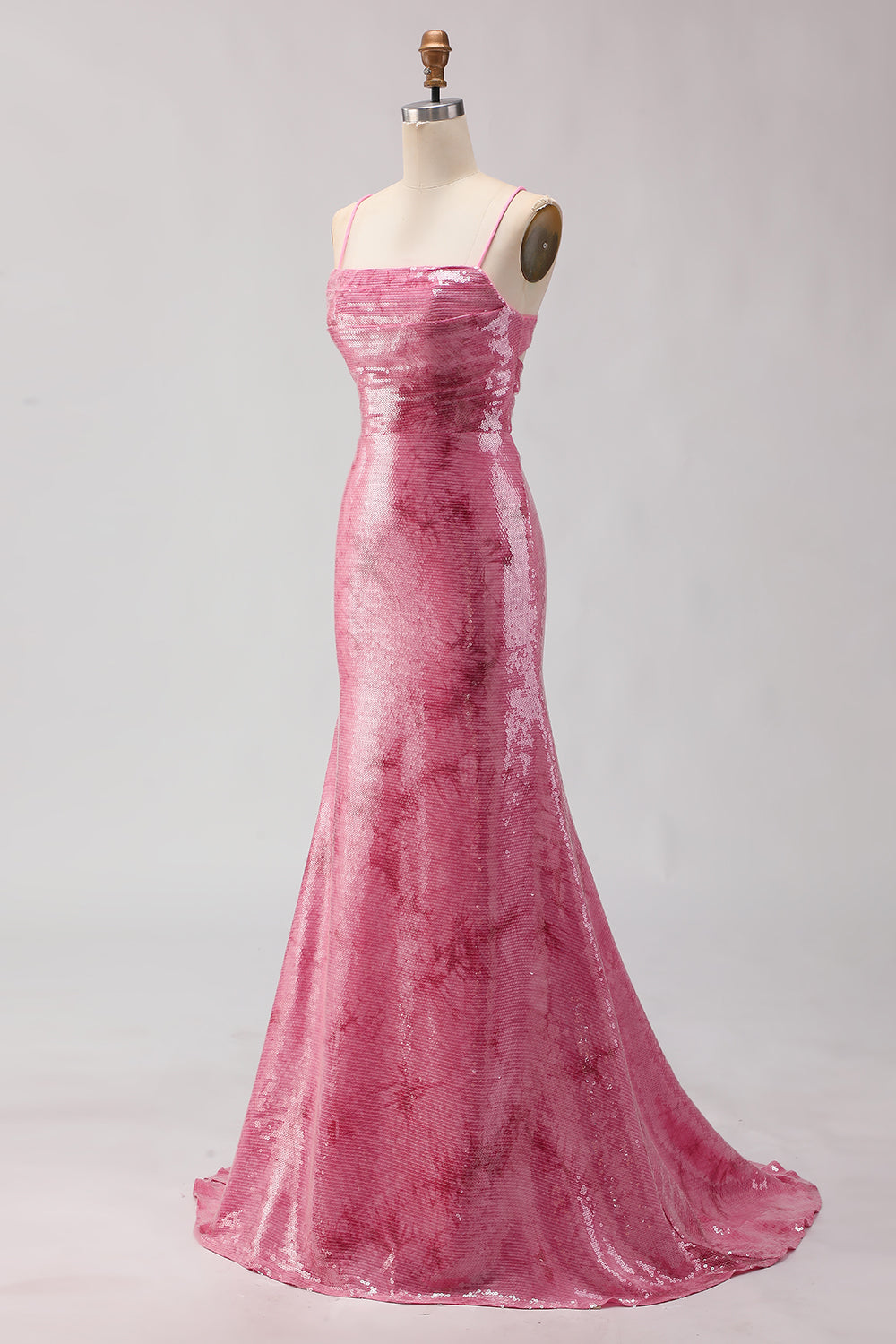 Sparkly Pink Sequins Mermaid Spaghetti Straps Long Prom Dress