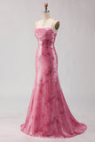 Sparkly Pink Sequins Mermaid Spaghetti Straps Long Prom Dress