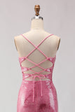 Sparkly Pink Sequins Mermaid Spaghetti Straps Long Prom Dress