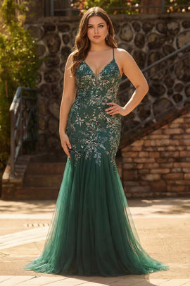 Plus Size Sparkly Floral Dark Green Mermaid Sequin Tulle Long Prom Dress