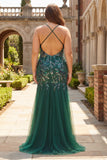 Plus Size Sparkly Floral Dark Green Mermaid Sequin Tulle Long Prom Dress