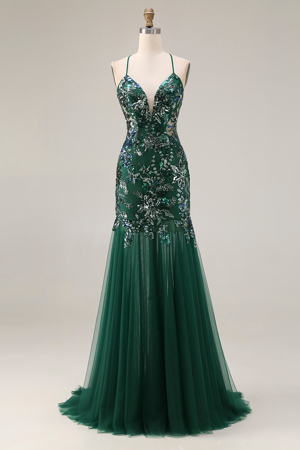 Sparkly Floral Dark Green Sequin Mermaid Tulle Long Prom Dress