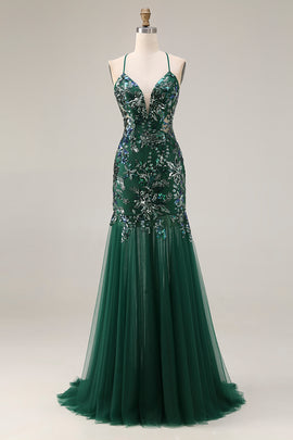 Sparkly Floral Dark Green Sequin Mermaid Tulle Long Prom Dress