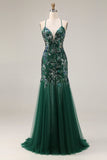 Sparkly Floral Dark Green Sequin Mermaid Tulle Long Prom Dress