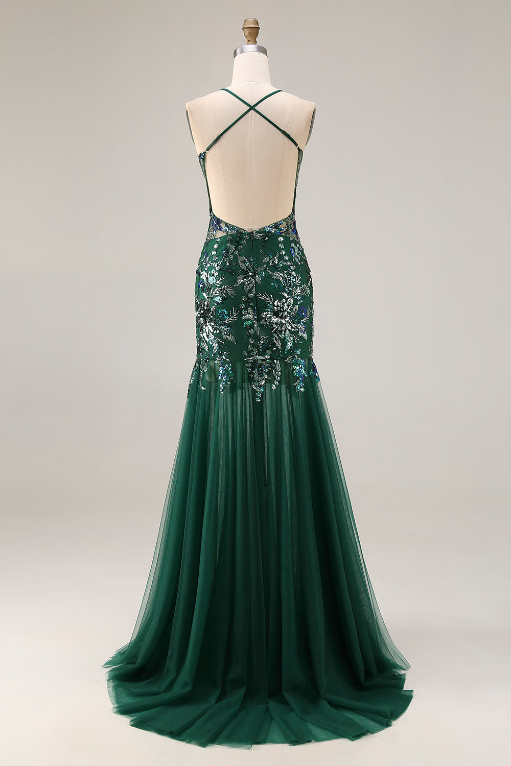 Sparkly Floral Dark Green Sequin Mermaid Tulle Long Prom Dress