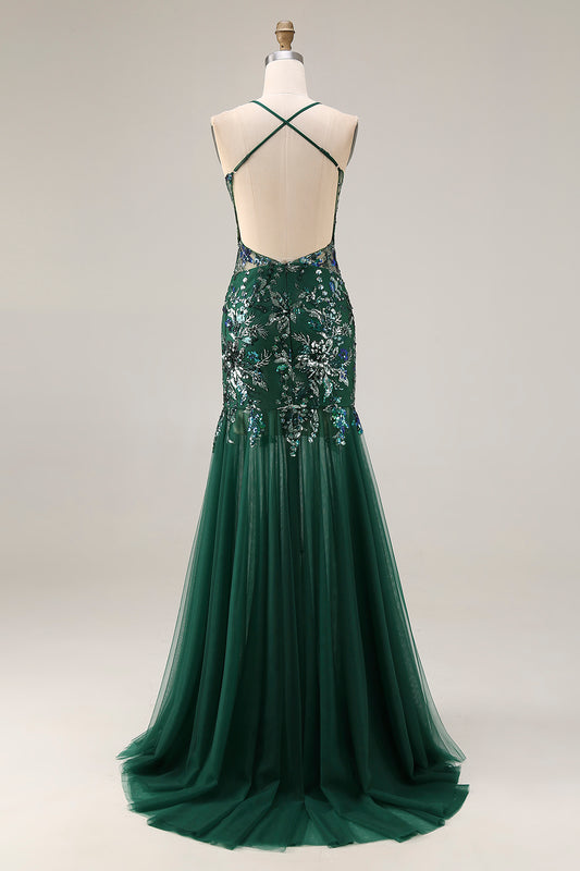 Sparkly Floral Dark Green Sequin Mermaid Tulle Long Prom Dress