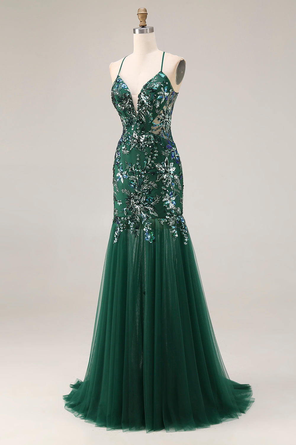 Sparkly Floral Dark Green Sequin Mermaid Tulle Long Prom Dress