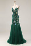 Sparkly Floral Dark Green Sequin Mermaid Tulle Long Prom Dress