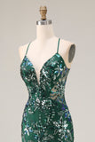Sparkly Floral Dark Green Sequin Mermaid Tulle Long Prom Dress