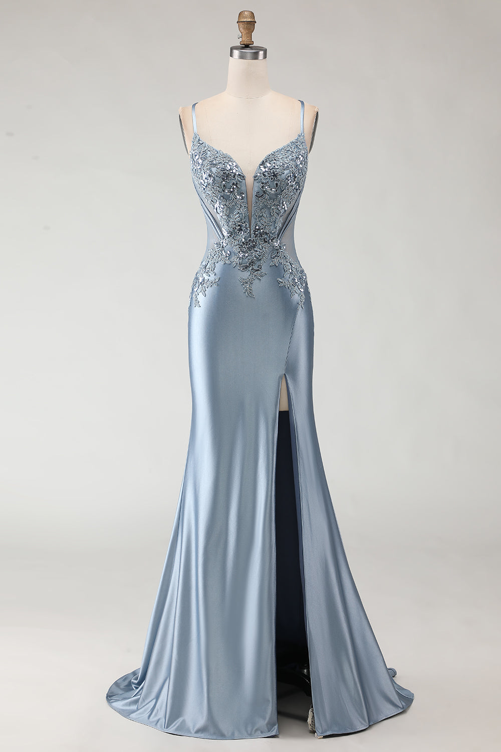 Sparkly Grey Blue Satin Mermaid Long Prom Dress with Appliques