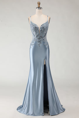 Sparkly Grey Blue Satin Mermaid Long Prom Dress with Appliques