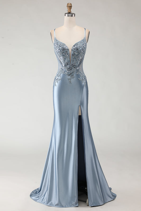 Sparkly Grey Blue Satin Mermaid Long Prom Dress with Appliques