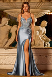 Sparkly Grey Blue Mermaid Appliqued Long Prom Dress with Slit