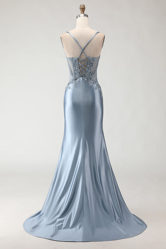 Sparkly Grey Blue Satin Mermaid Long Prom Dress with Appliques