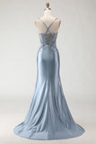 Sparkly Grey Blue Satin Mermaid Long Prom Dress with Appliques
