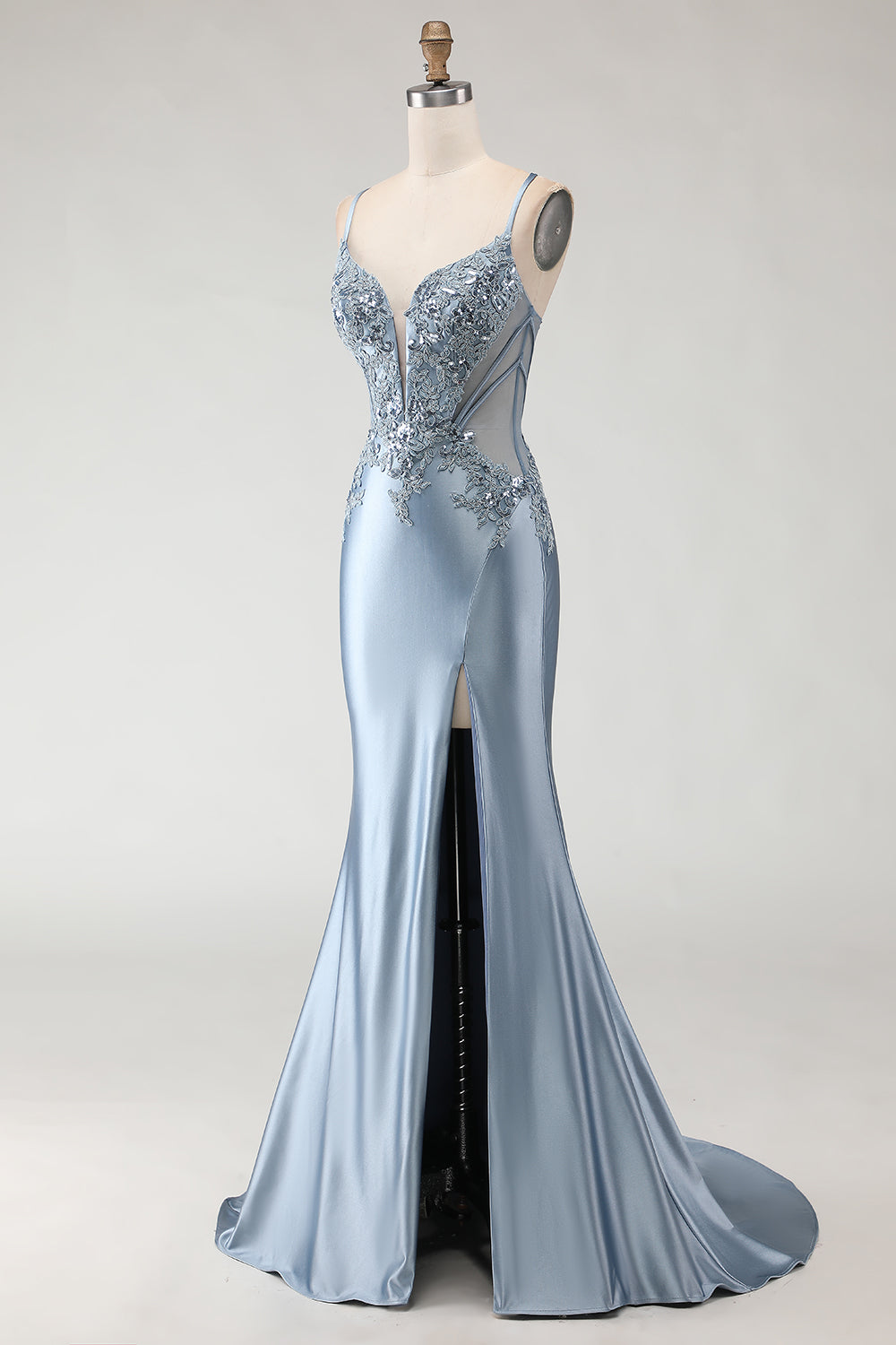 Sparkly Grey Blue Satin Mermaid Long Prom Dress with Appliques