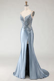 Sparkly Grey Blue Satin Mermaid Long Prom Dress with Appliques