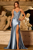 Sparkly Grey Blue Mermaid Appliqued Long Prom Dress with Slit
