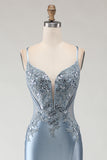 Sparkly Grey Blue Satin Mermaid Long Prom Dress with Appliques