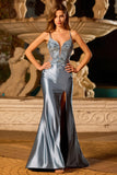 Sparkly Grey Blue Mermaid Appliqued Long Prom Dress with Slit