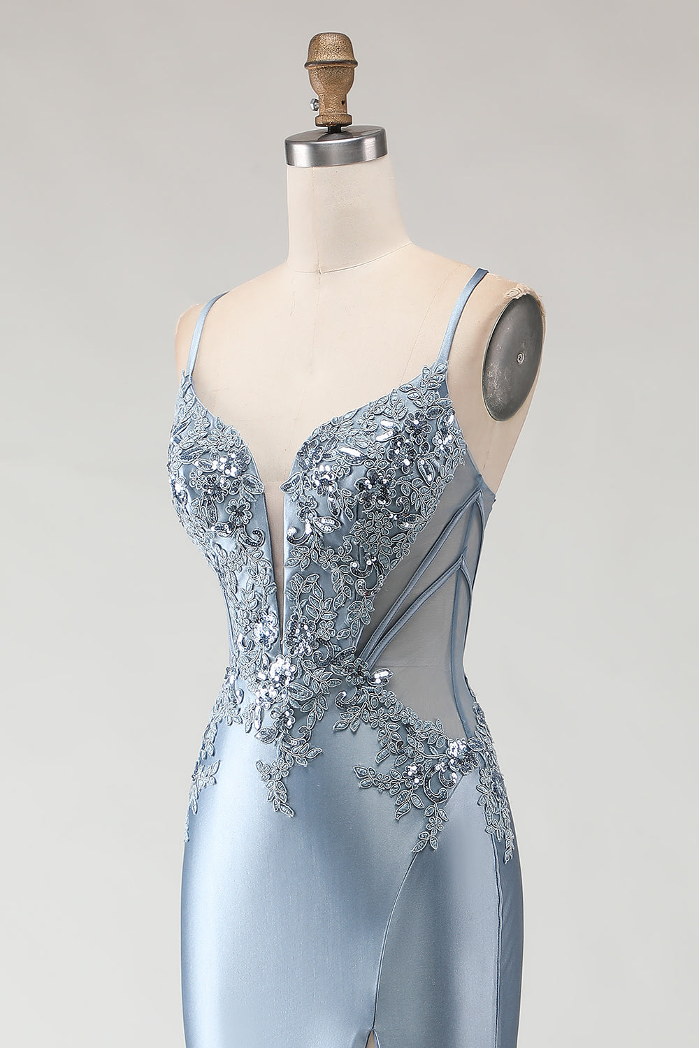 Sparkly Grey Blue Satin Mermaid Long Prom Dress with Appliques