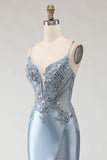 Sparkly Grey Blue Satin Mermaid Long Prom Dress with Appliques