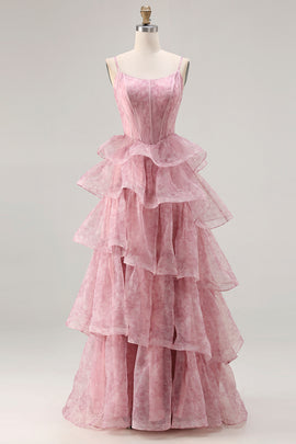 Dusty Rose A Line Tiered Long Corset Prom  Dress with Ruffles