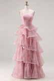 Dusty Rose A Line Tiered Long Corset Prom  Dress with Ruffles