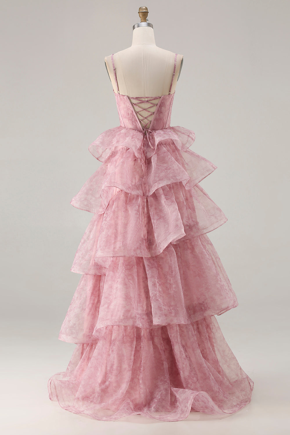 Dusty Rose A Line Tiered Long Corset Prom  Dress with Ruffles