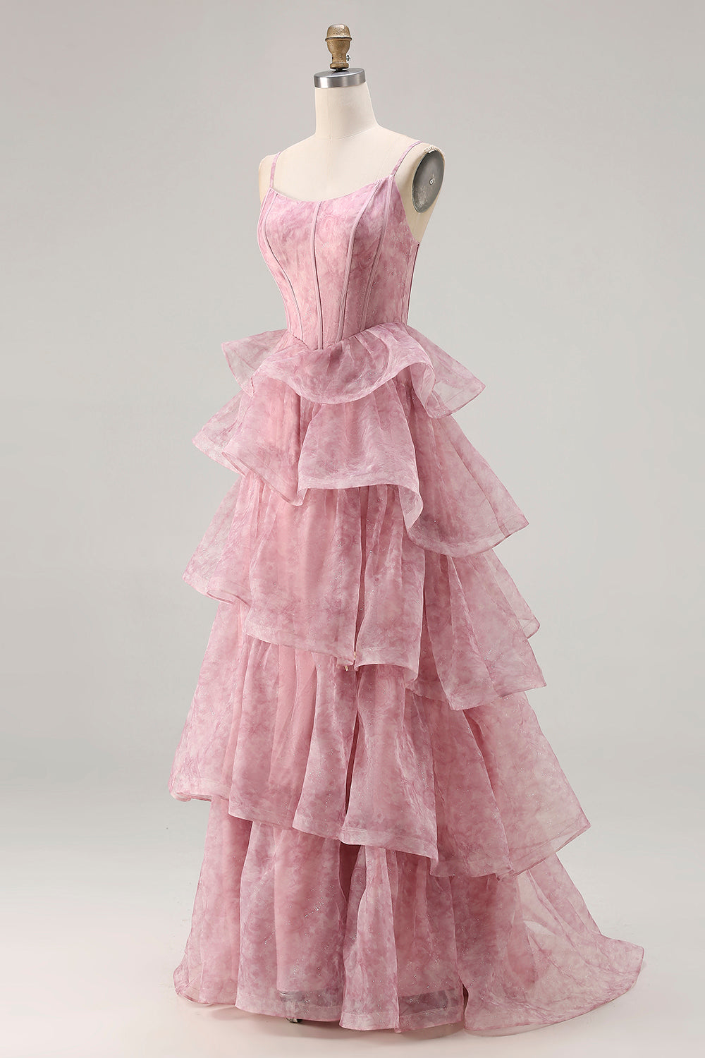 Dusty Rose A Line Tiered Long Corset Prom  Dress with Ruffles