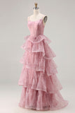Dusty Rose A Line Tiered Long Corset Prom  Dress with Ruffles
