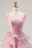 Dusty Rose A Line Tiered Long Corset Prom  Dress with Ruffles
