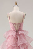 Dusty Rose A Line Tiered Long Corset Prom  Dress with Ruffles