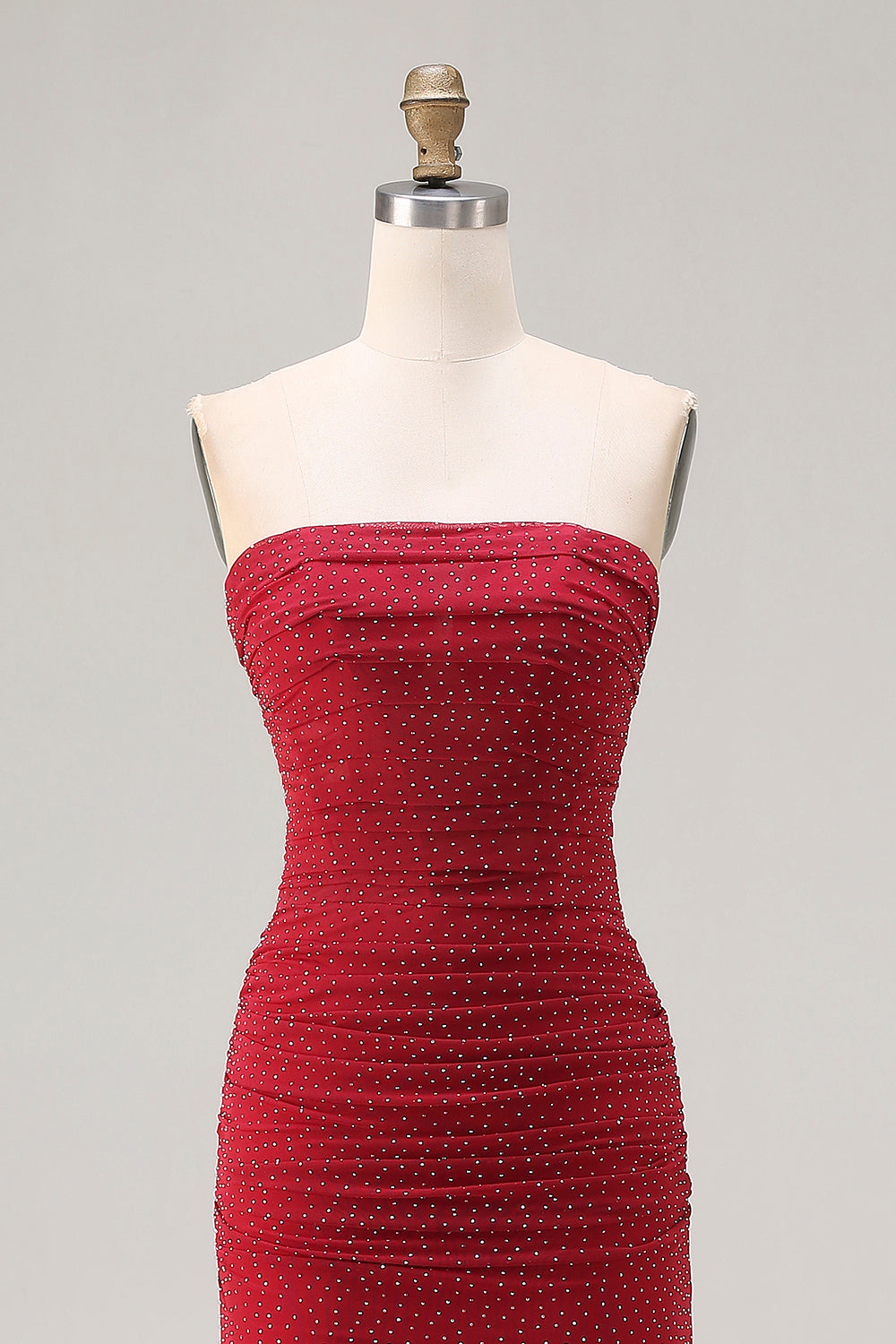 Sparkly Red Polka Dots Strapless Beaded Long Prom Dress