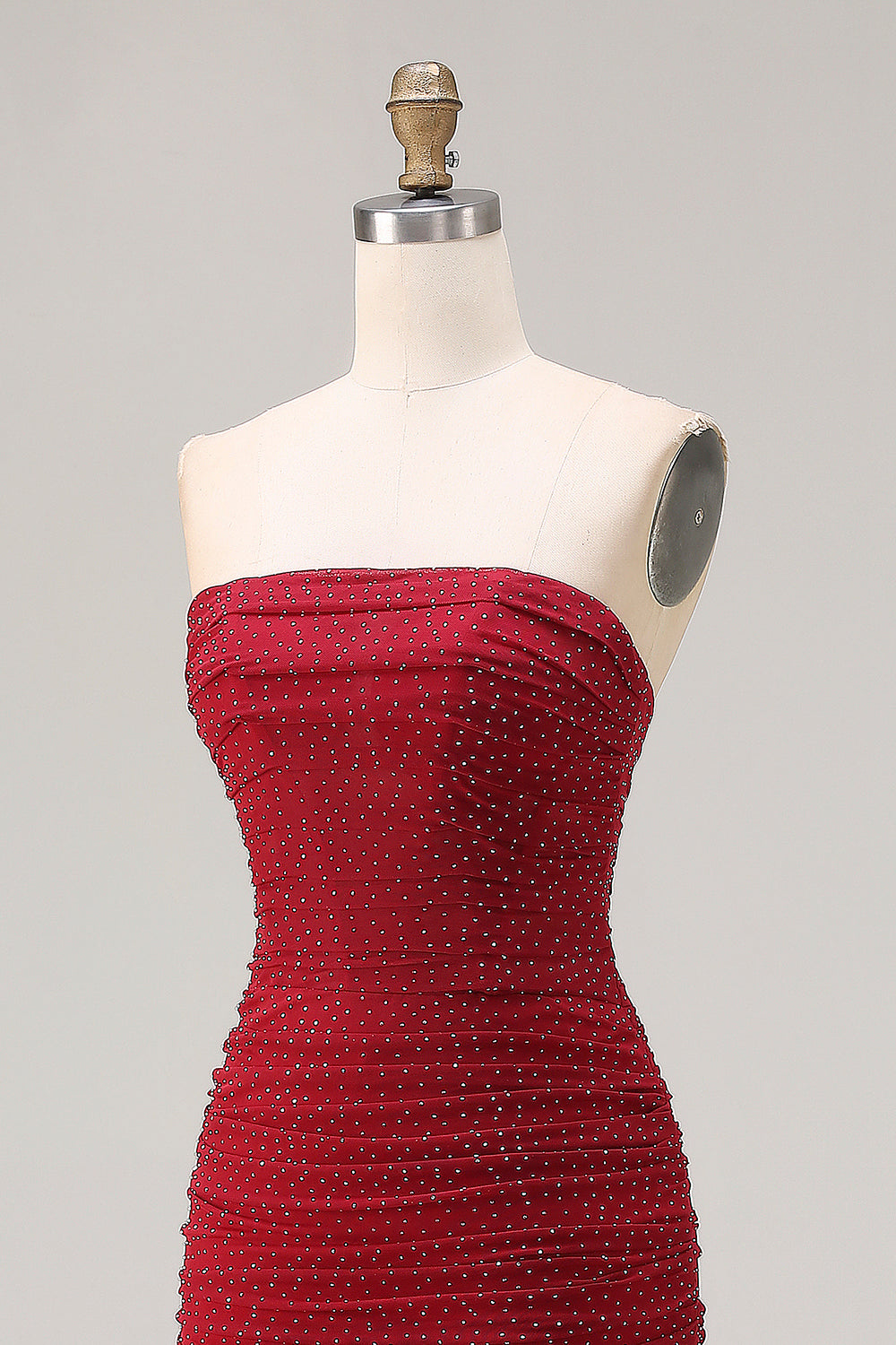 Sparkly Red Polka Dots Strapless Beaded Long Prom Dress