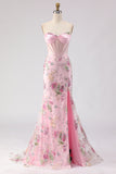 Sparkly Pink Sequins Beaded Mermaid Long Corset Prom Dress with Slit