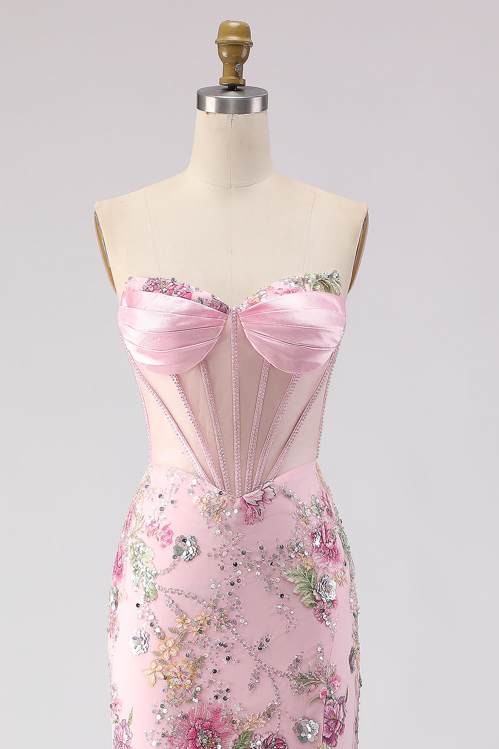 Sparkly Pink Sequins Beaded Mermaid Long Corset Prom Dress with Slit