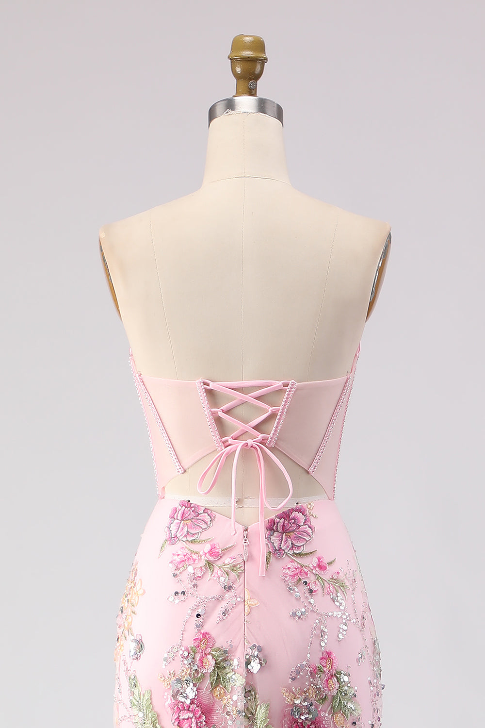 Sparkly Pink Sequins Beaded Mermaid Long Corset Prom Dress with Slit