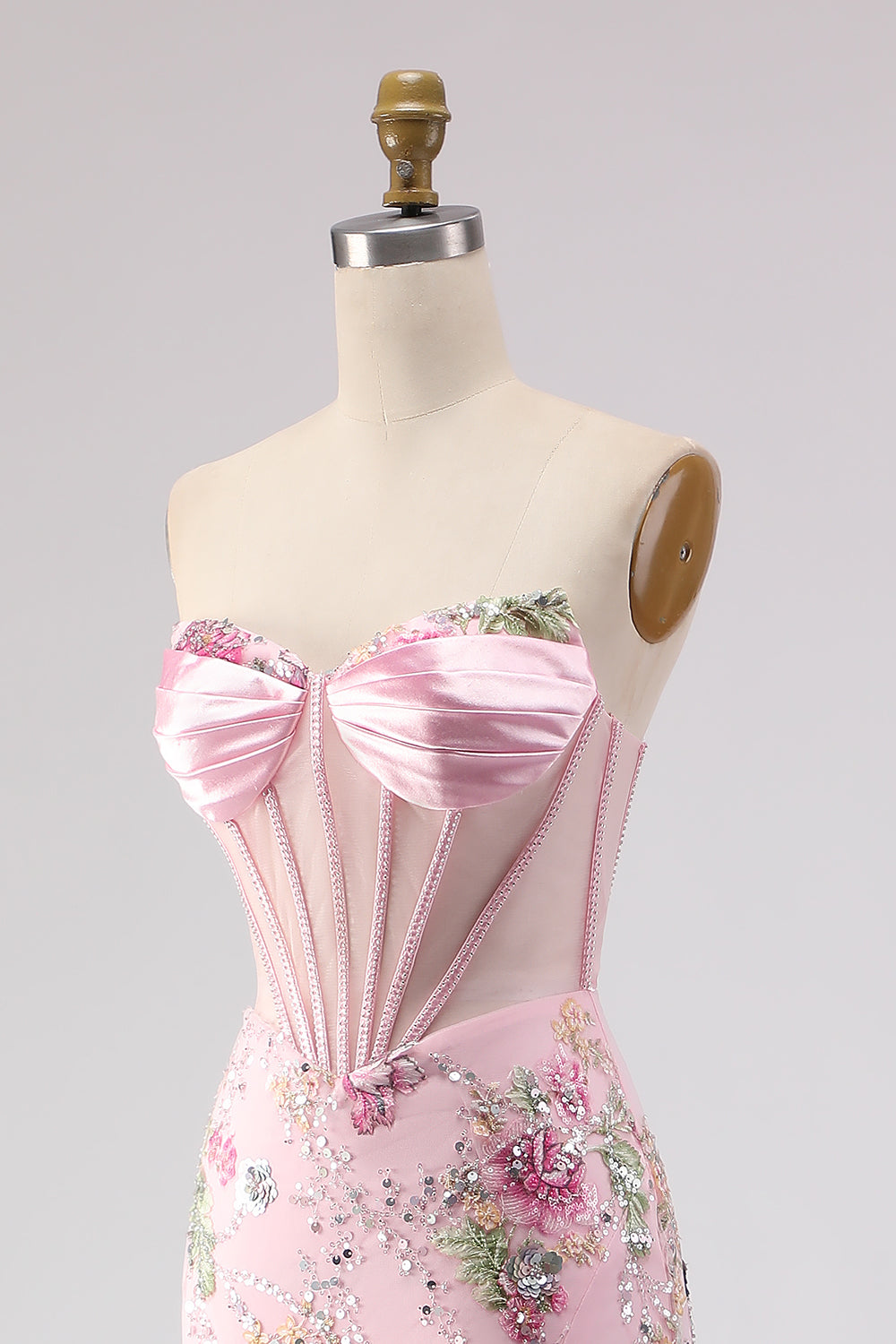 Sparkly Pink Sequins Beaded Mermaid Long Corset Prom Dress with Slit