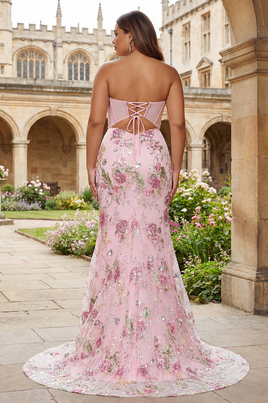 Plus Size Sparkly Pink Sequins Beaded Mermaid Long Corset Prom Dress with Slit