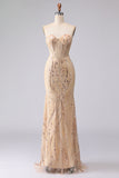 Sparkly Champagne Sequin Sweetheart Mermaid Long Corset Prom Dress