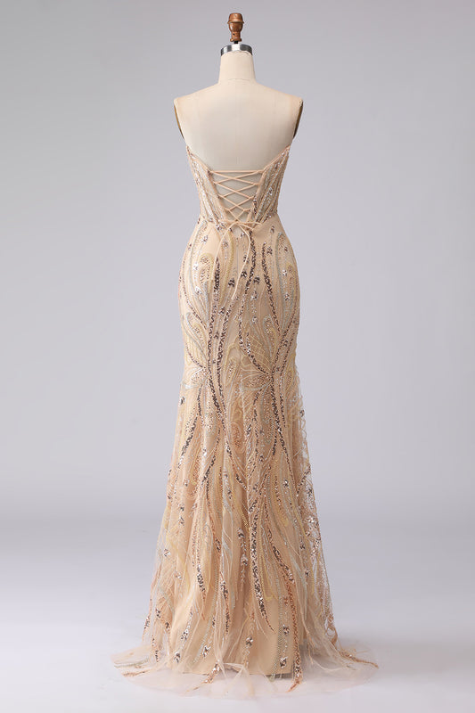 Sparkly Champagne Sequin Sweetheart Mermaid Long Corset Prom Dress