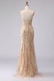 Sparkly Champagne Sequin Sweetheart Mermaid Long Corset Prom Dress