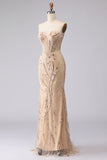 Sparkly Champagne Sequin Sweetheart Mermaid Long Corset Prom Dress