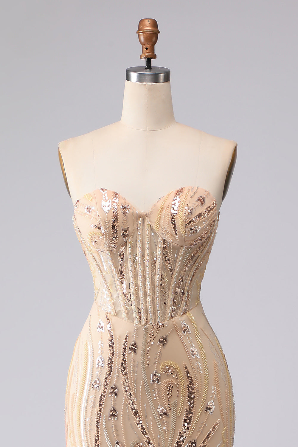 Sparkly Champagne Sequin Sweetheart Mermaid Long Corset Prom Dress