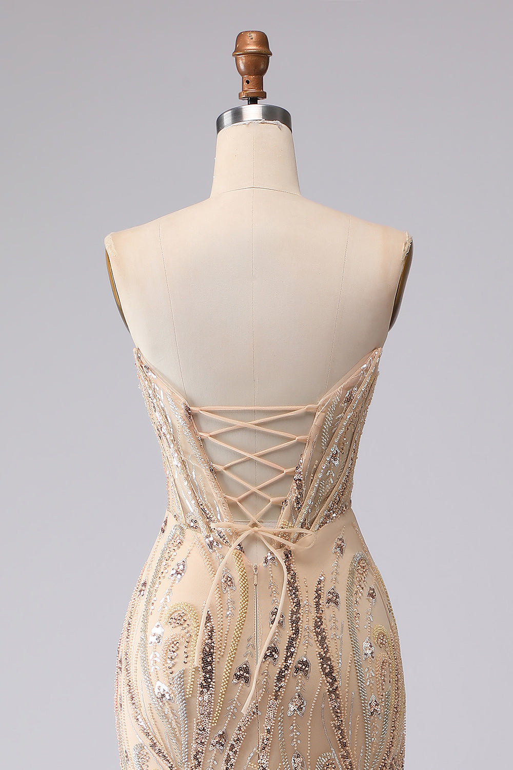 Sparkly Champagne Sequin Sweetheart Mermaid Long Corset Prom Dress