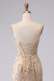 Sparkly Champagne Sequin Sweetheart Mermaid Long Corset Prom Dress
